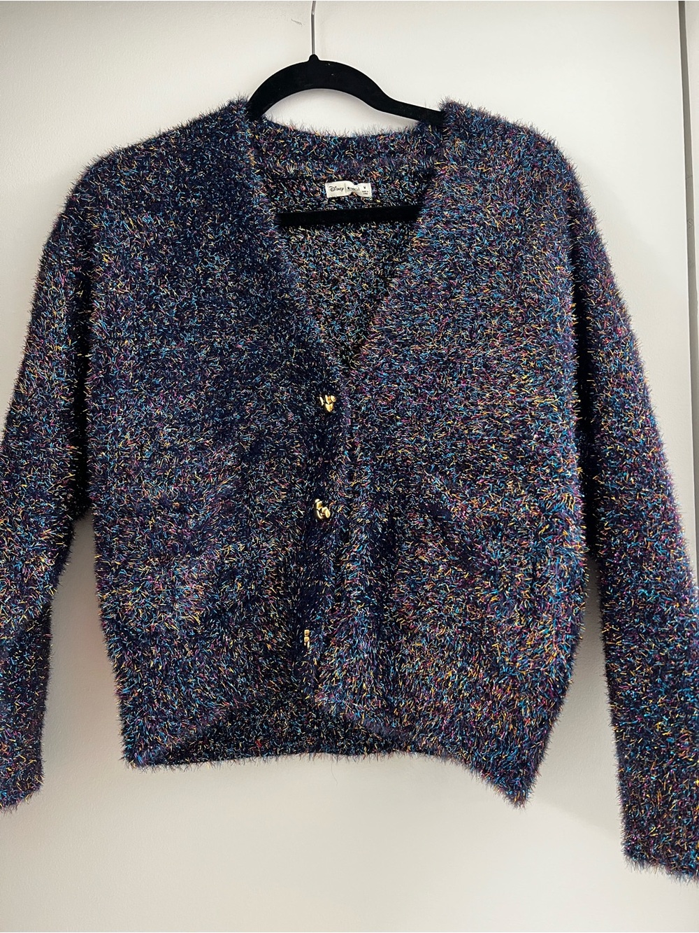 Disney Navy Fuzzy Multicolor Fleck V‑Neck Cardigan